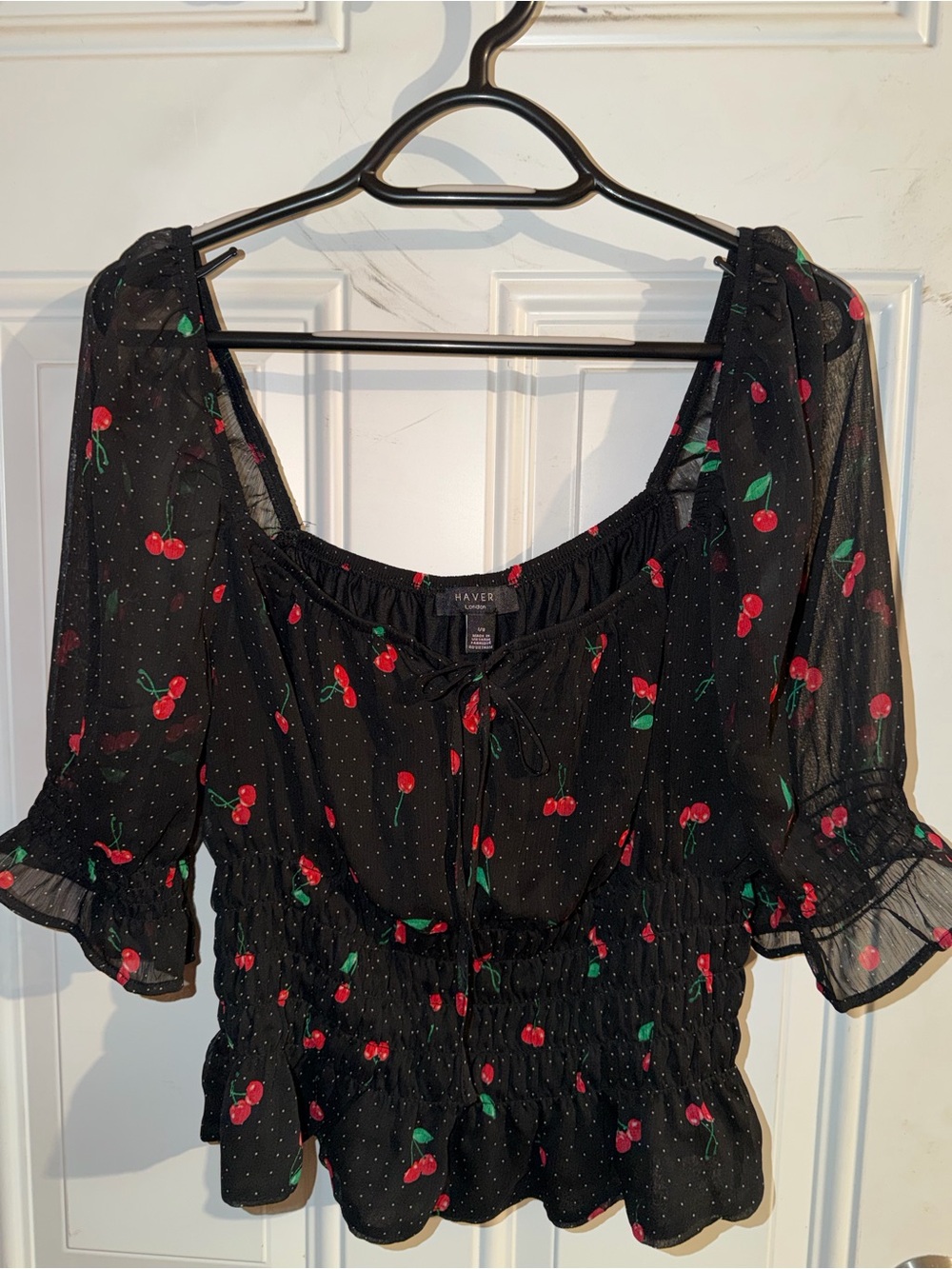 Have Black Cherry-Print Smocked Peasant Top